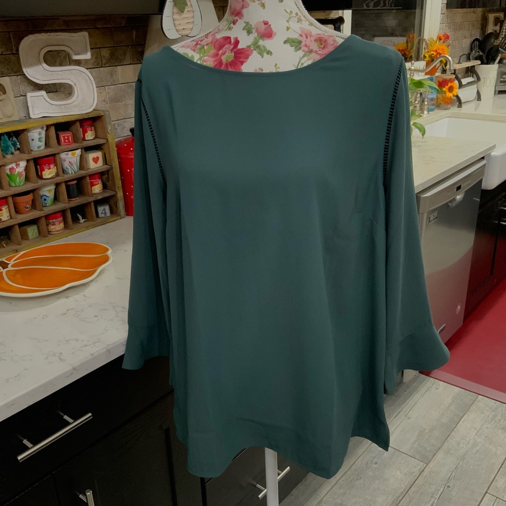 Talbots Blouse Size Large 3/4 Bell Sleeve Side Zip Career To Casual Hunter Green